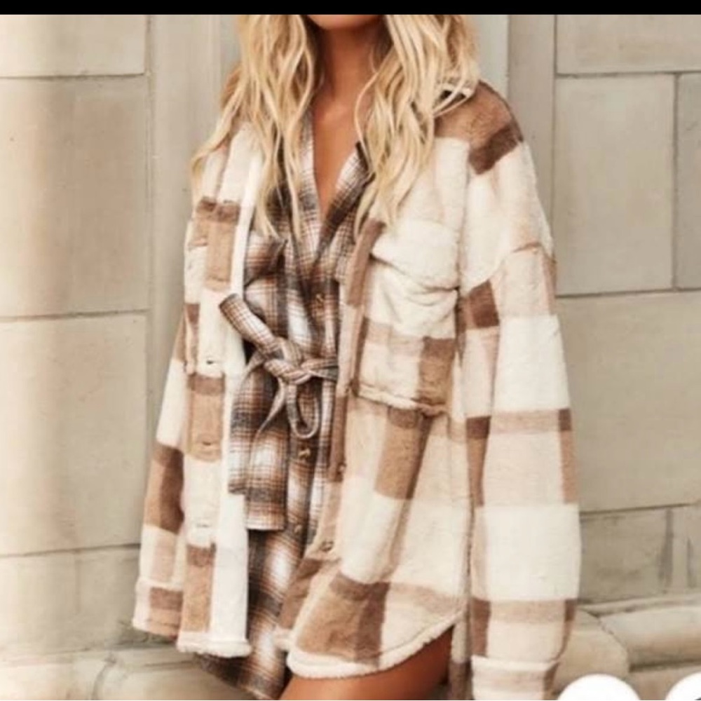 12th Tribe x Salty Blonde Checkered Teddy Jacket - Brown and Cream
